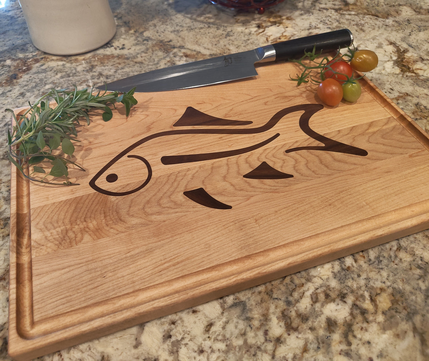 Fish Inlay Cutting Board Reversible with Juice Groove