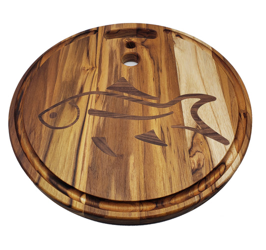 Round Teak Cutting Board with Fish Inlay and Handle
