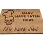 Skull with Chef's Hat edge grain cutting board with the "MANY HAVE EATEN HERE" "few have died." Made of hard maple with walnut inlay. 