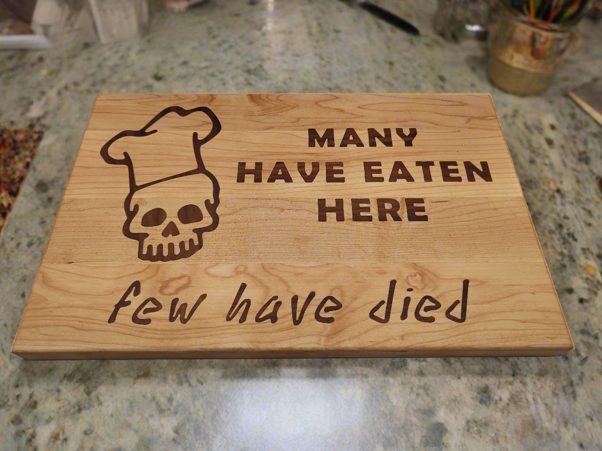 Maple Cutting Board with Skull and Chef's Hat Walnut Inlay Reversible with Juice Groove