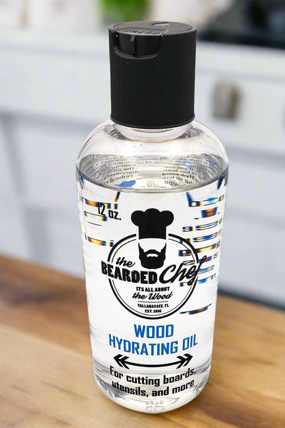 The Bearded Chef Hydrating Oil penetrates deep into butcher blocks, cutting boards, and more to hydrate and protect from cracking and drying.